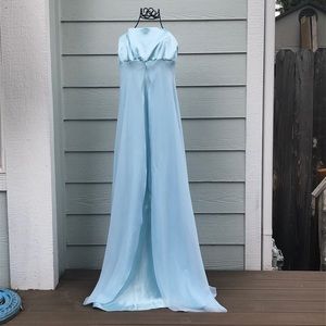 Floor length spaghetti strap blue dress